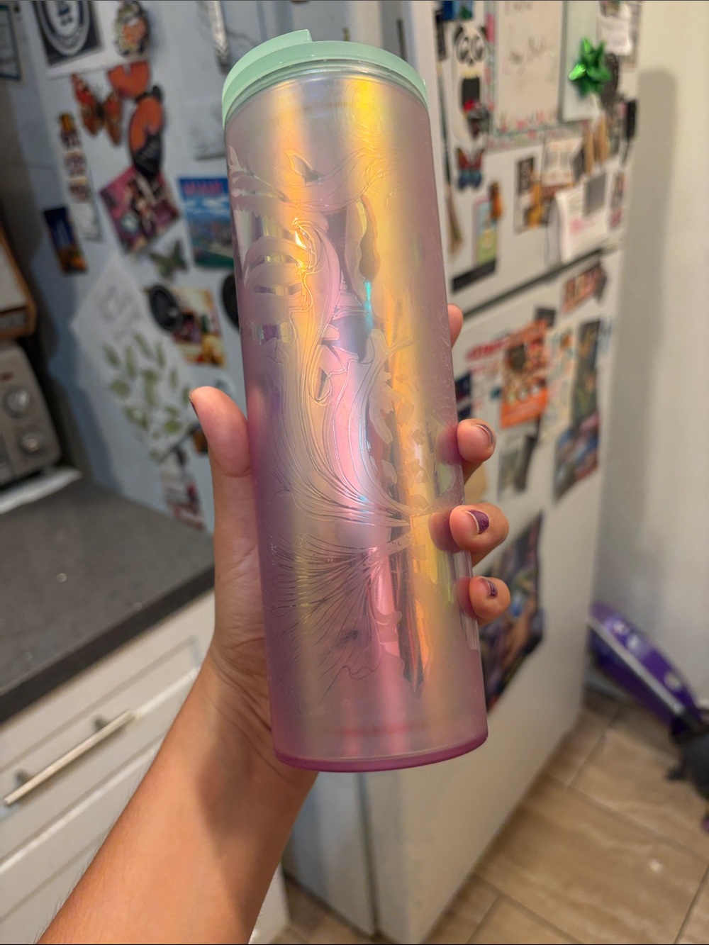 Iridescent Pink Green Floral Tumbler - Sleek Reusable Drink Bottle